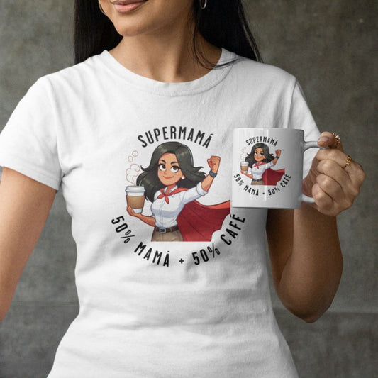 Pack Supermamá Camiseta + Taza: Mitad Mamá, Mitad Café